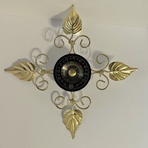 Vintage Artistic Brand Wall Thermometer - Gold Tone Metal Brass Leaves
